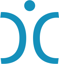 Blaues abstraktes Symbol mit zwei Kreisbögen und einem Punkt oben in der Mitte.