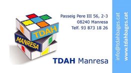 Cubos con texto "TDAH Manresa" y contacto: dirección, teléfono y correo electrónico.