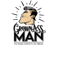 Stylized illustration of a confident man with the text "Grown Ass Man."