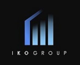 Blue gradient bars forming a building shape, with "IKO GROUP" text below on a black background.