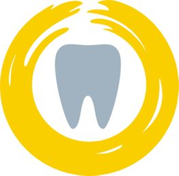 Ein grauer Zahn von einem gelben, kreisförmigen Pinselstrich umgeben.