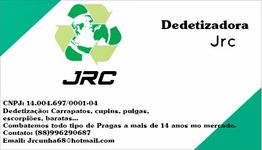 Cartão de visita da dedetizadora JRC com logo, contato e serviços oferecidos.