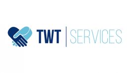 Logo mit zwei blauen Händen in Herzform links, daneben die Beschriftung "TWT Services".