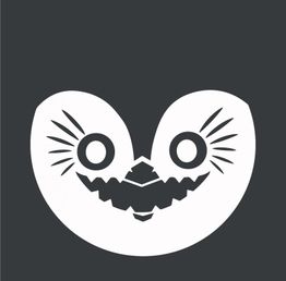 Schwarz-weißes, stilisiertes Gesicht mit großen Augen und fröhlichem Lächeln auf dunklem Hintergrund.