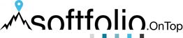 Logo mit Berggrafik, blauem Marker und Text "softfolio. OnTop" in Schwarz und Blau.