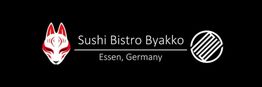 Logo von Sushi Bistro Byakko in Essen, Deutschland, mit Fuchsmaske und kreisförmigem Symbol.