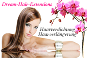 Frau mit glattem Haar, neben rosa Orchideen, Text: "Dream-Hair-Extensions, Haarverdichtung, Haarverlängerung".