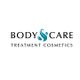 Logo de "Body & Care Treatment Cosmetics" en letras negras con un diseño azul al centro.