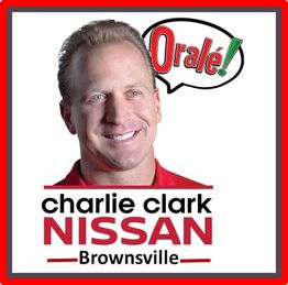 Man smiling next to "Orale!" speech bubble, below "Charlie Clark Nissan Brownsville" text.