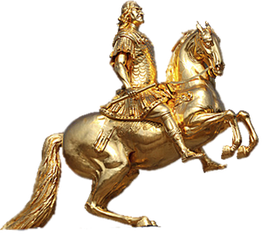 Goldene Reiterstatue eines Mannes in Rüstung auf einem Pferd, hoch erhoben und detailliert gestaltet.