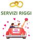 "Coppia di sposi in auto rossa con fiori, cuori e scritta 'Just Married'. 'Servizi Riggi' sopra."