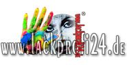 Bunte Handabdruck mit einem Gesicht links daneben, Website www.lackprofi24.de in der Mitte.