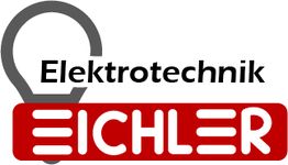 Logo mit Glühbirne, Text: "Elektrotechnik Eichler" in Schwarz und Rot.