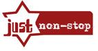 Roter Schriftzug "just non-stop" in weißem Stern-Symbol auf weißem Hintergrund.