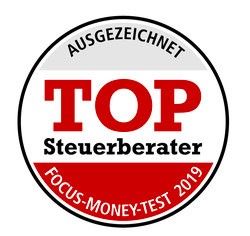Abzeichen: "TOP Steuerberater", ausgezeichnet im FOCUS-MONEY-Test 2019.
