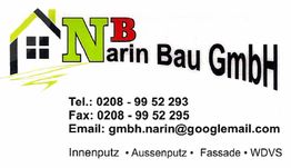 Narin Bau Logo mit Kontaktinfos, spezialisiert auf Innen- und Außenputz, Fassade, WDVS.