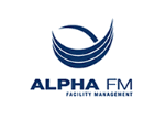 Logo von Alpha FM Facility Management mit stilisiertem blauen Halbkreis darüber.