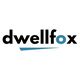 "dwellfox logo with black text and a blue accent under the 'w' and in the 'o'."