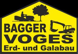 Gelbes Logo mit Bagger, Baum, sitzendem Mann und Text: "BAGGER VOGES Erd- und Galabau".