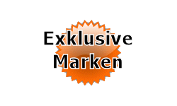 Oranges Abzeichen mit dem Text "Exklusive Marken" in schwarzer Schrift.