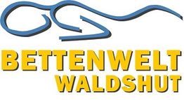 Blaues Linienmotiv über gelber Schrift "Bettenwelt Waldshut".