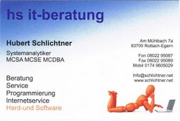 Visitenkarte von hs it-beratung mit Kontaktinformationen und Dienstleistungen.