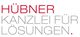 Textlogo: "HÜBNER KANZLEI FÜR LÖSUNGEN" in roten und grauen Buchstaben.