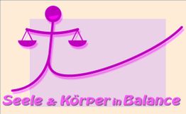 Stilisierte lila Figur mit Waage, Text "Seele & Körper in Balance" in Pink.