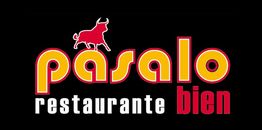 Logo mit rotem Stier, gelbem Schriftzug "pasalo", rotem "bien" und weißem "restaurante".