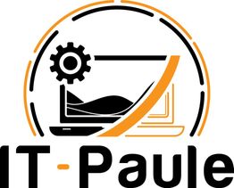 Logo mit Laptop, Zahnrad und Kurve. Text: IT-Paule. Orange-schwarz-weißes Design.