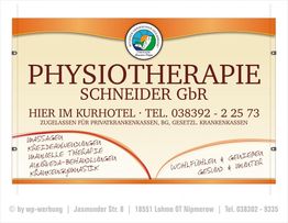 Physiotherapie-Werbung mit Kontaktinfos und Angeboten wie Massagen und Krankengymnastik.