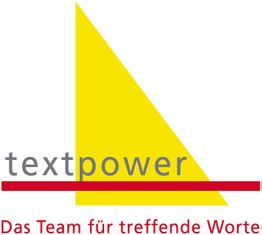 Gelbes Dreieck, „textpower“ darunter, roter Balken, Text: „Das Team für treffende Worte“.