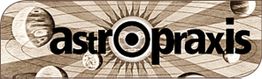 Schwarz-weißes Logo mit "astropraxis", umgeben von Planeten und einem stilisierten Sonnenhintergrund.