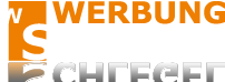 Logo mit Text "Werbung Schlegel" in orange und weiß, mit Reflexion darunter.