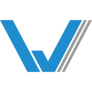 Blau-graues abstraktes Logo mit Streifen und V-Form.