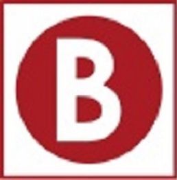 Letra "B" en blanco dentro de un círculo rojo con marco cuadrado.