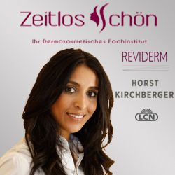 Frau vor Werbung mit "Zeitlos schön", "Reviderm", "Horst Kirchberger" und "LCN"-Logos.