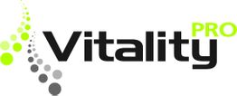 Logo von "Vitality Pro" mit einem Muster aus grauen und grünen Punkten links vom Text.