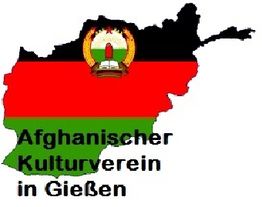 Umriss von Afghanistan in Landesfarben, Text: "Afghanischer Kulturverein in Gießen".