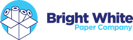 Logo of Bright White Paper Company with a box of paper rolls and company name on blue background.