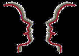 Zwei gespiegelte, stilisierte Profile aus roten Linien auf grauem Hintergrund.