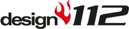 Schwarzes "design112" Logo mit roter Flamme zwischen den Wörtern.
