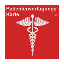 Rote Karte mit weißem Äskulapstab und Text "Patientenverfügungskarte".