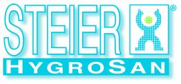 Logo von Steier HygroSan mit stilisierter Figur und grünem Element im Hintergrund.