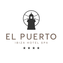 Logo de El Puerto Ibiza Hotel Spa con un faro y cinco estrellas.