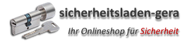 Zylinderschloss mit Schlüssel, Text: "Ihr Onlineshop für Sicherheit".