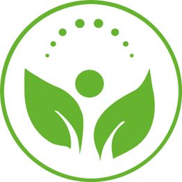 Grünes Logo: Kreis mit Blättern und Kreis in der Mitte, umgeben von Punkten.
