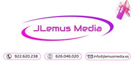 Logotipo de JLemus Media en rosa, con micrófono y contacto: teléfonos y correo.
