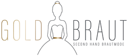 Logo mit Schriftzug GOLD BRAUT, Silhouette einer Braut in einem Kleid. Slogan "Second Hand Brautmode".