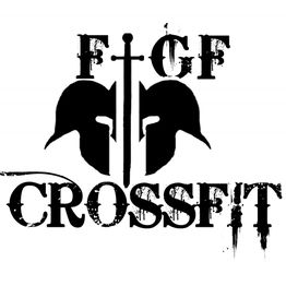 Spartan helmets with a sword between them above the text "FGF CrossFit."